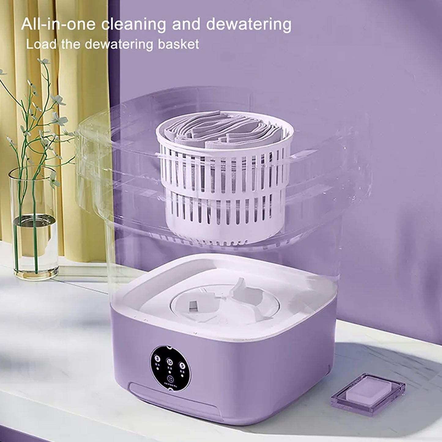Foldable Mini Washing Machine with Drain Basket | Portable Washer for Travel | Compact Laundry Machine