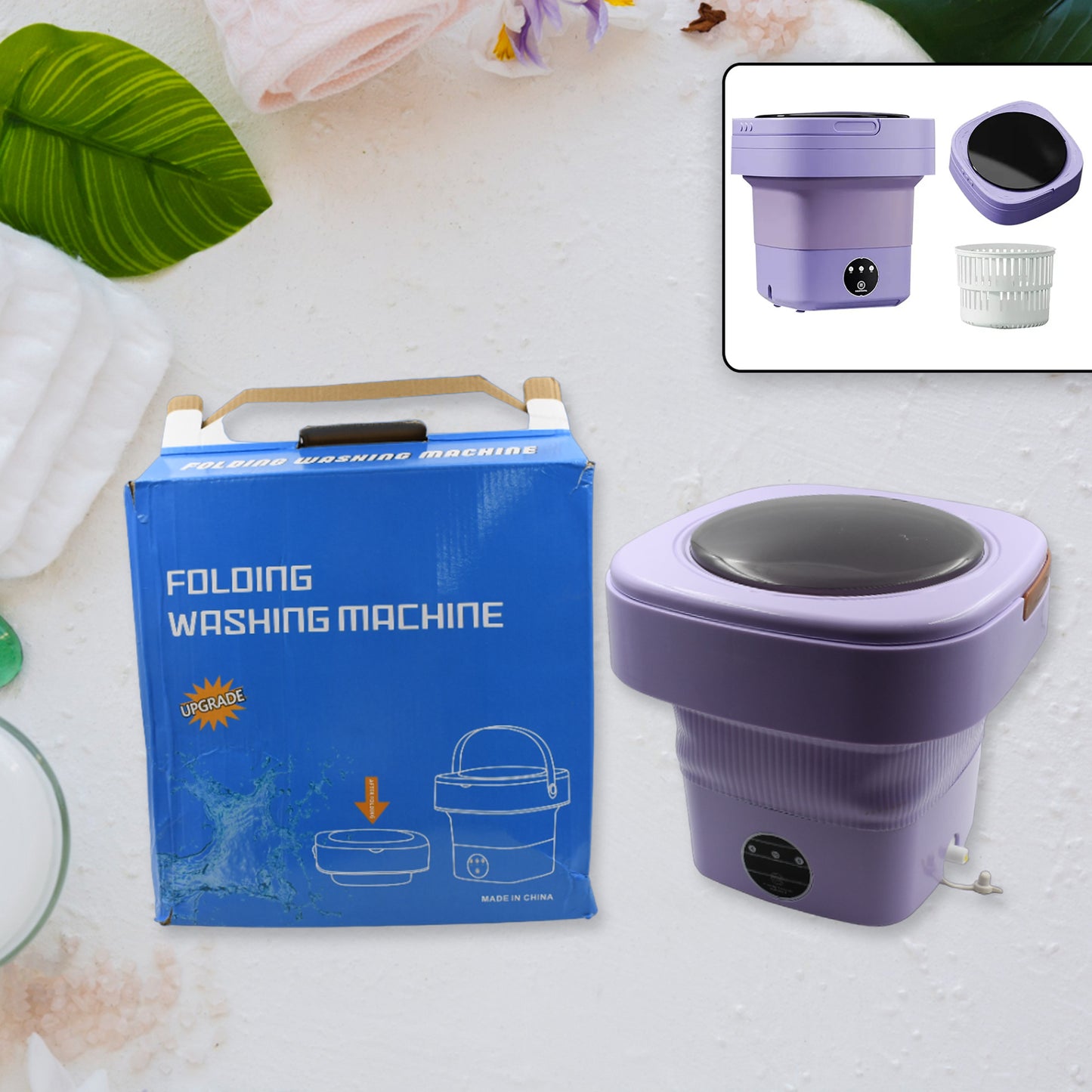 Foldable Mini Washing Machine with Drain Basket | Portable Washer for Travel | Compact Laundry Machine